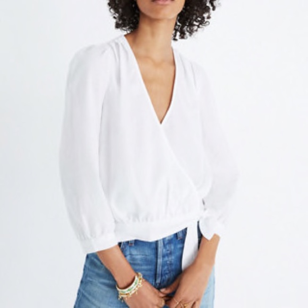 Madewell Wrap Top in Eyelet White with Tie